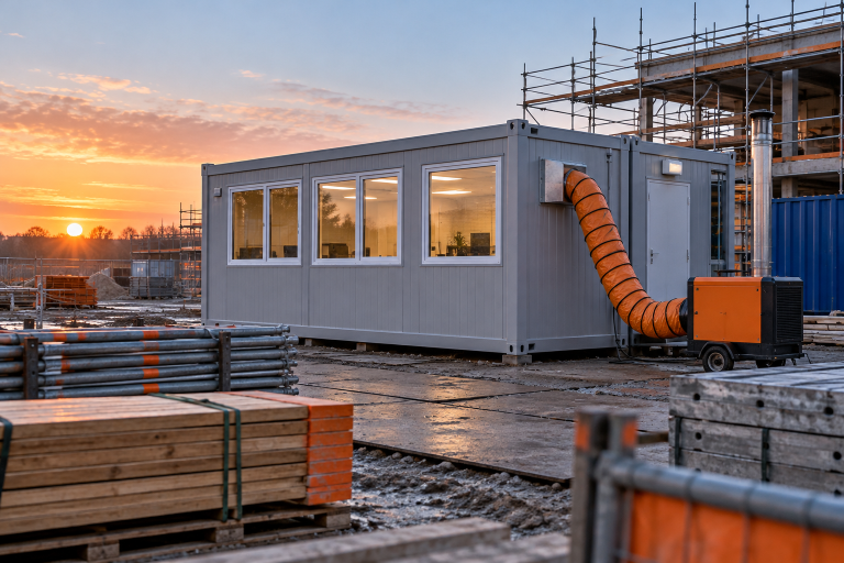 Mobiele kantoorunit op een bouwplaats met zichtbare verwarmingsaansluiting aan de buitenzijde