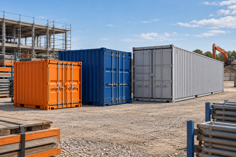 Rij zeecontainers in verschillende maten op een bouwterrein, met variatie die de huurprijs beïnvloedt