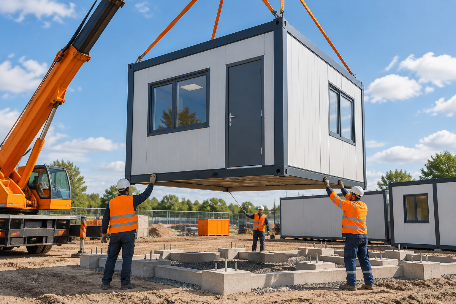 Modulaire unit wordt met een kraan op een bouwplaats geplaatst